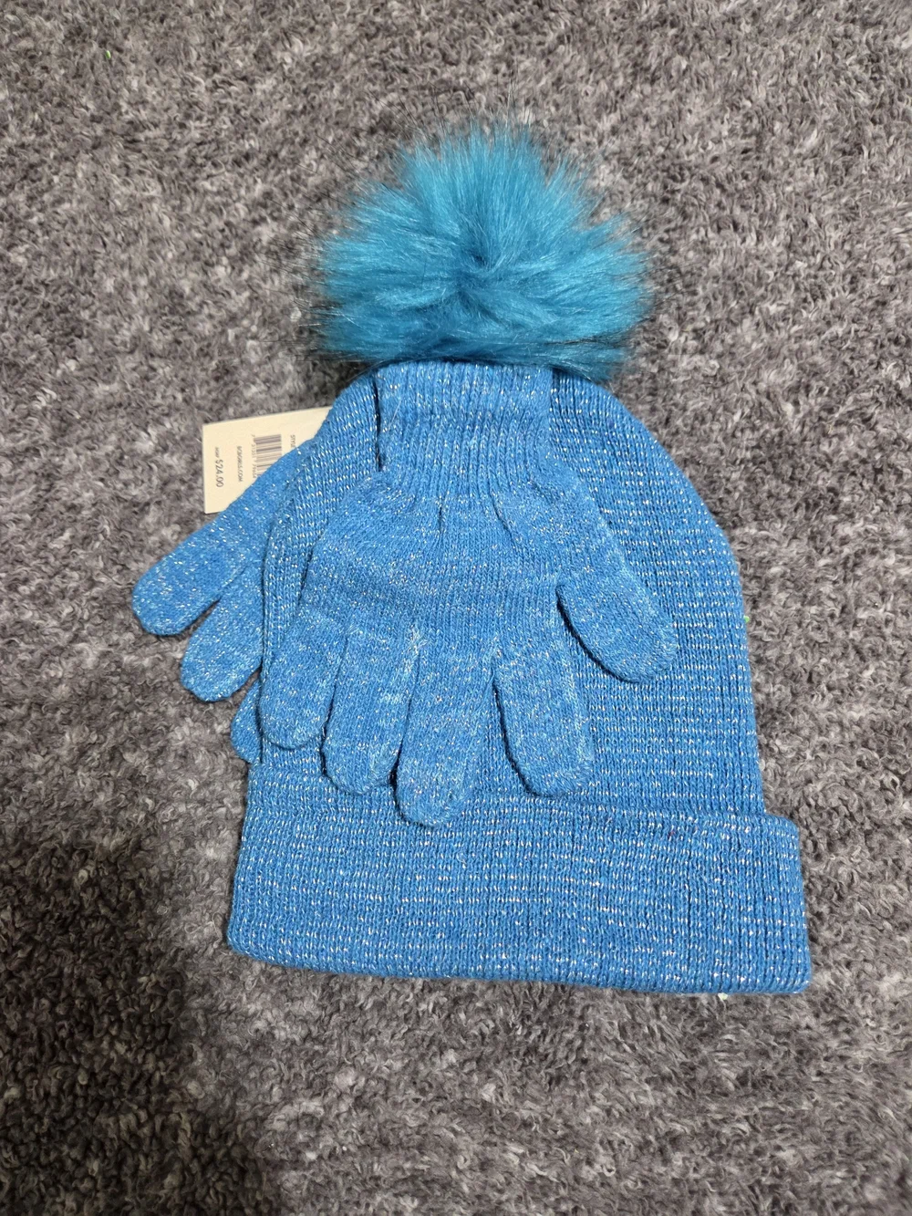 BCBGirls Blue Knit Pom Beanie and Sparkle Gloves Set